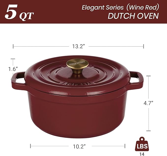 Overmont Enameled Cast Iron Dutch Oven - 5QT Pot with Lid Cookbook & Cotton Potholders - Heavy-Duty Cookware for Braising, Stews, Roasting, Sourdough Baking burgundy - Image 7