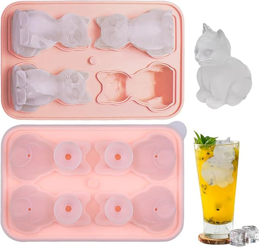 Cat Ice Cube Tray Silicone Large Ice Cube Mold, Fun Shapes Ice Cube Trays for Freezer with Lid, Big Ice Molds for Bourbon Whiskey Cocktails, Cute Gifts for Cat Lovers