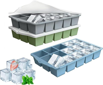 Ice Cube Trays for Freezer, 3 Pack Easy Release Slicone Ice Cube Tray with Lid, BPA Free Stackable Flexible Ice Mold 15 Square Reusable Ice Cubes for Whiskey, Baby Food, Ice Coffee (Grey+Blue+Green) by Unknown