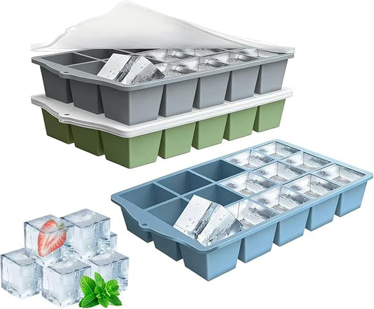 Ice Cube Trays for Freezer, 3 Pack Easy Release Slicone Ice Cube Tray with Lid, BPA Free Stackable Flexible Ice Mold 15 Square Reusable Ice Cubes for Whiskey, Baby Food, Ice Coffee (Grey+Blue+Green) by Unknown