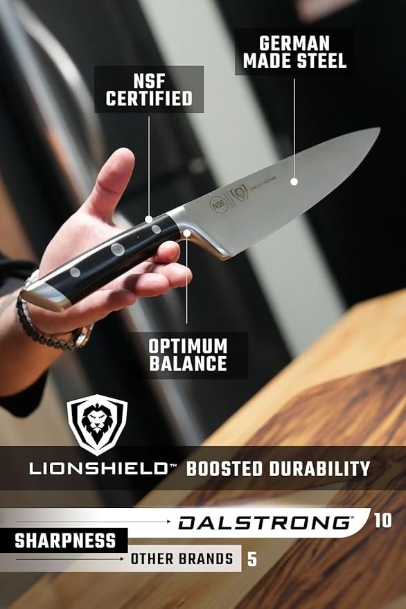 Dalstrong 12-Piece Elite Knife Block Set — German High-Carbon Steel, Full-Tang, Hand-Polished — Chef + Santoku + Nakiri + Boning + Fillet + 6 Steak — Gladiator Series Manchurian Ash Block, NSF - Image 6