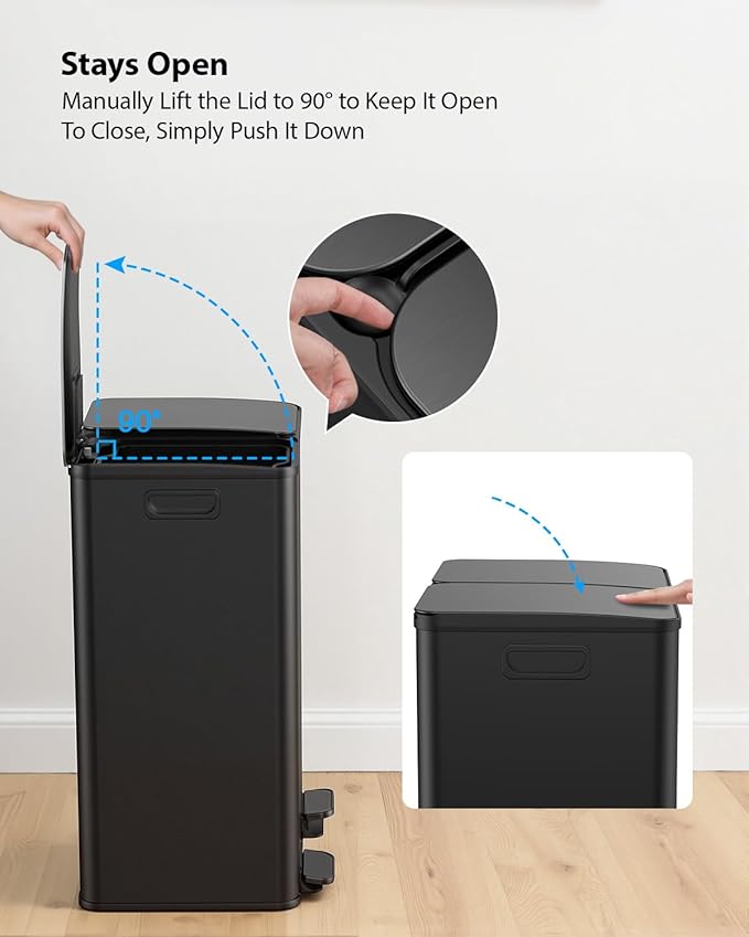 Lovewind Kitchen Trash Can, 2 x 8 Gallon (2 x 30 L) Stainless Steel Trash and Recycle Bin Combo with Soft-Close Lid, Dual Compartment Recycling Kitchen Step Trash Bin, Black - Image 6