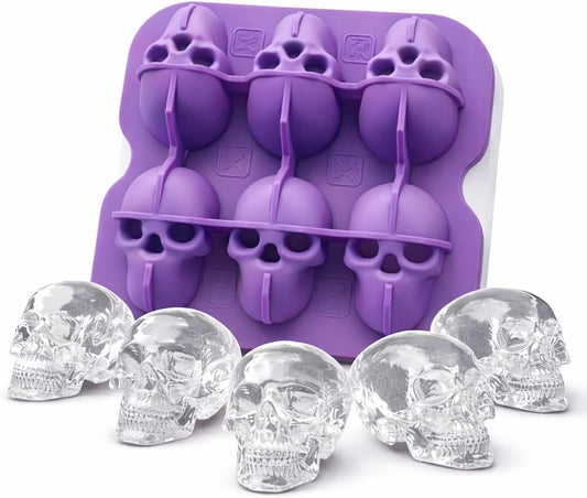 Skull Ice Cube Mold, 6-Cavity Silicone Ice Tray for Whiskey, Cocktails, and Beverages, Food-Grade Flexible Ice Maker for Halloween & Party Drinks, Easy Release & Dishwasher Safe (Purple)