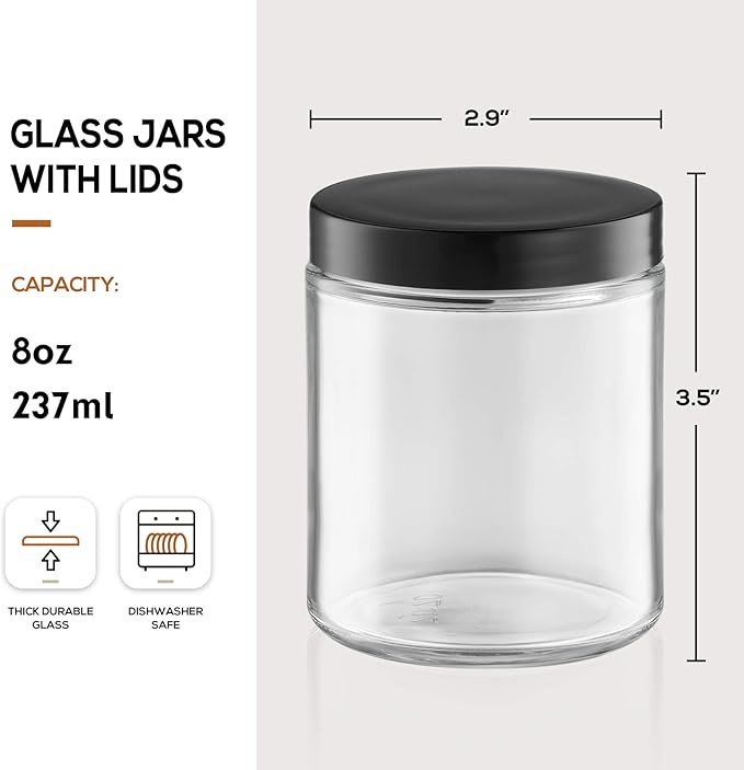 12 Pack, 8 OZ Clear Candle Jars For Making Candle, Thick Glass Jars with 12 Metal & 12 Plastic Lids - Empty Round Food Storage Containers, Canning Jar For Spice, Powder, Liquid, Sample - Food Grade - Image 2