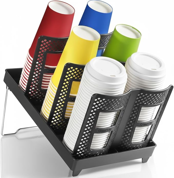 6-Slot Paper Cup and Lid Holder, Disposable Coffee Cup Dispenser, Upright Paper Cup Dispenser for Coffee Stations, Kitchens, Bars, Restaurants, Lounges (Black)