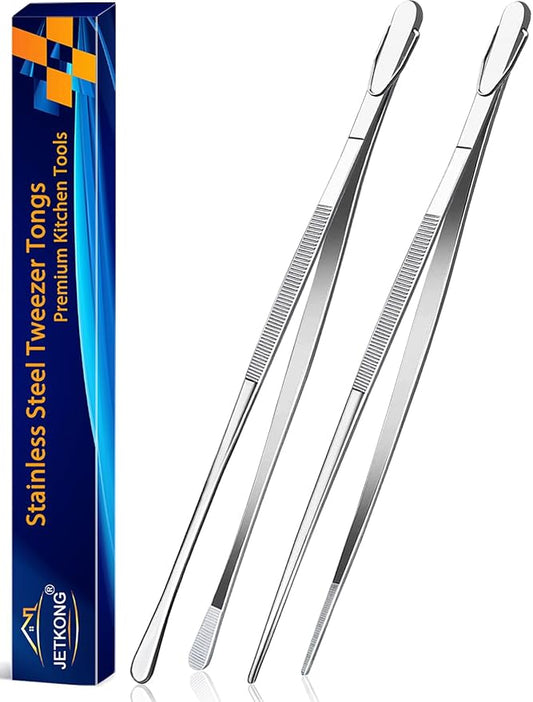 JETKONG 2 Pcs 14-Inch Food Tweezers Stainless Steel Tweezer Tongs Extra-Long Cooking Tweezers (Silver) by JETKONG