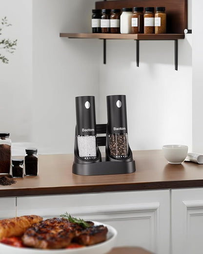Electric Salt and Pepper Grinder Set with Dual Charging Base, 6 Adjustable Coarseness Levels & External Grind Settings, One-handed Operation Salt and Pepper Mills with LED Light,Black