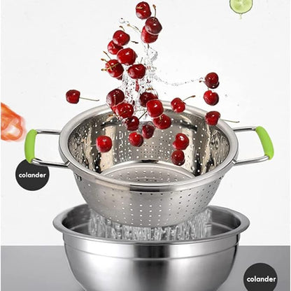 Stainless Steel Deep Colander Micro-perforated 2.5 Quart Metal Food Strainer with Green Silicone Handles for Draining Pasta Cleaning Food like Fruit