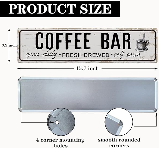 Coffee Bar Open Daily Sign, Retro Metal Tin Sign, Rustic Farmhouse Wall Decor, Coffee Bar Signs for Wall, Vintage Home Decor for Kitchen, Coffees Station Decors, Cafe Decors, 15.8x4 Inches - Image 2