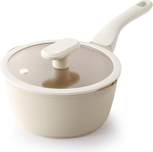 PRICUSIS Ceramic Nonstick Saucepan with Lid, 2 Quart Non Toxic Pot with Pour Spouts, Full Coated, 100% Dishwasher Safe, Induction Compatible & Oven Safe, PTFE PFAS & PFOA Free, Coconut White by PRICUSIS