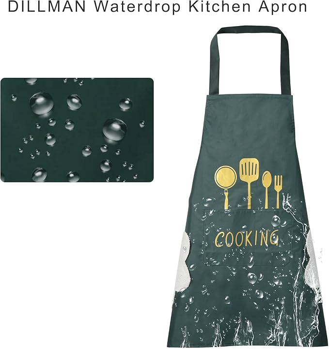 DILLMAN Women Kitchen Apron with Hand Wipe Pockets，Big Pocket,Hand-wiping, Waterproof for Cooking Baking