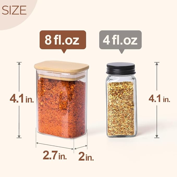 Comsaf Spice Jars with Label，8 oz Small Glass Jars with Lids, 6 Pcs Seasoning Containers, Rectangle Glass Containers with Lids, Empty Seasoning Jars for Pantry Storage, Loose Tea, Herbs, Powders, Salt - Image 2