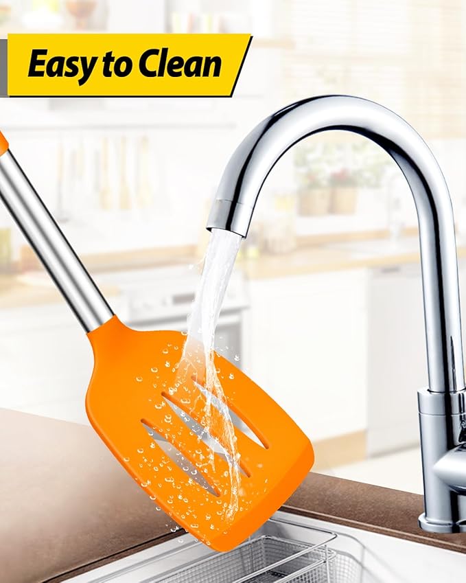 Pack of 4 Silicone Cooking Utensils Set, Non Stick Large Solid Spatulas, Heat Resistant Slotted Spoons, Ideal BPA Free Kitchen Turners for Frying, Mixing,Serving,Draining,Turning,Stirring (ORANGE) - Image 5