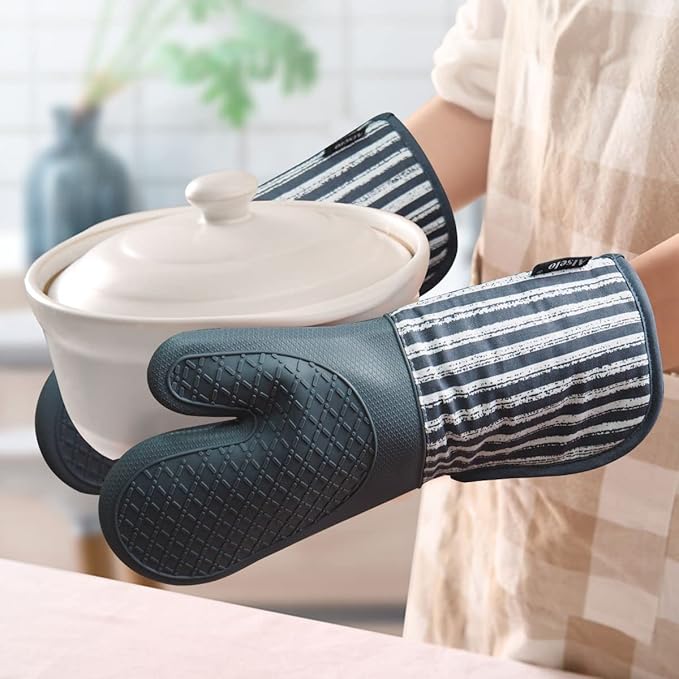 Alselo Silicone Oven Mitts Heat Resistant 932℉ with Waterproof & Non-Slip Kitchen Mittens, Set of 2 Extra Long Oven Gloves with Soft Cotton Terry Lining for Baking Cooking Barbecue - Image 5