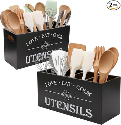 2 PC Wooden Utensil Holder,（With 4-Compartments size*1 + 3-Compartments size*1） Extra Large Kitchen Counter,Cooking Spatula Organizer,Farmhouse Decor, Rustic Cooking Utensil by Unknown