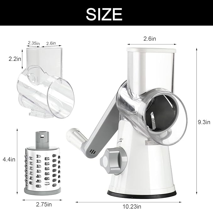 Cambom Rotary Cheese Grater Hand Crank Cheese Shredder for Fresh Cheese, Vegetable, Nuts,Non-slip Suction Base, Free Cleaning Brush Three Blades, White - Image 5