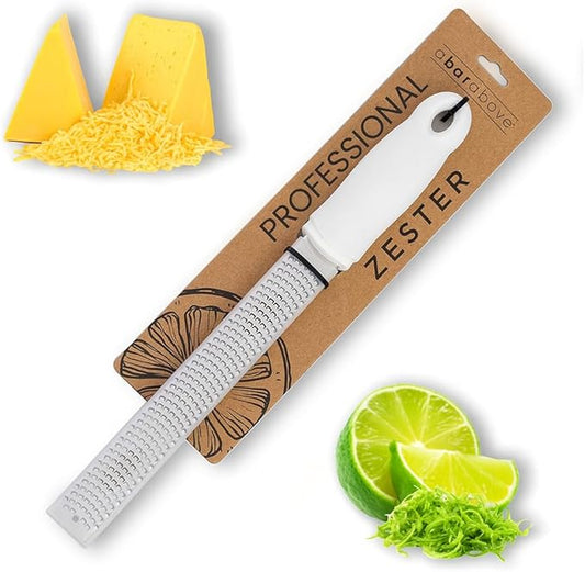 A Bar Above Lemon Zester and Cheese Grater, Professional 12 Inch Stainless Steel Hand Grater for Citrus, Parmesan, Ginger, Chocolate, Ergonomic Handle, Dishwasher Safe, Perfect Kitchen Gadget, White by ABarAbove