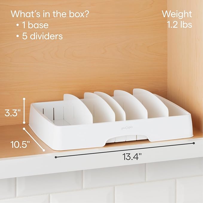 YouCopia StoraLid Food Container Lid Organizer for Kitchen Cabinet Storage with 5 Adjustable Dividers, 10.5''D × 13.4''W × 3.3''H, Large Classic Edition, White - Image 3
