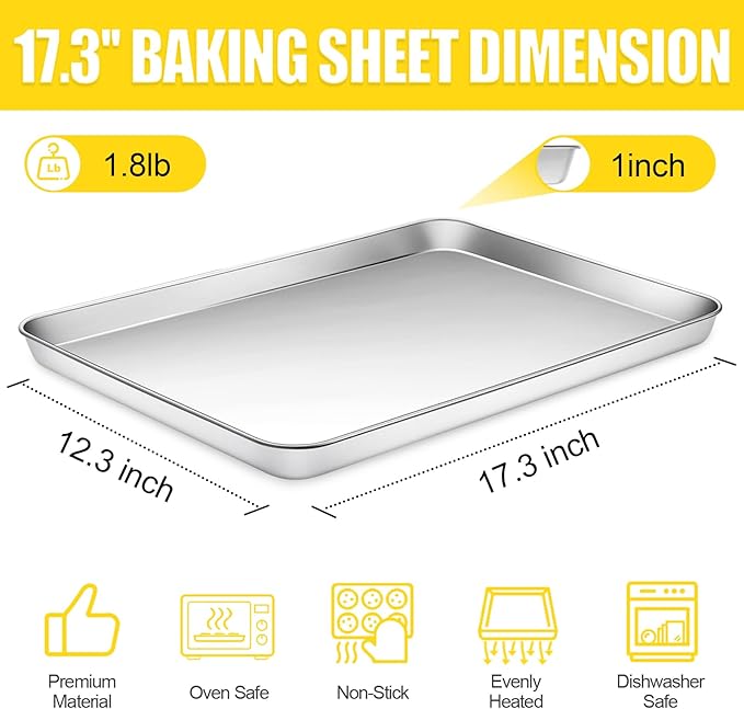 Terlulu Baking Sheet, Cookie Sheet, Stainless Steel Baking Pan, 2 Piece-17.3''x 12.3'' x 1'', Half Sheet Pan for Oven, Baking Tray for Baking&Roasting, Nonstick&Nontoxic&Easy Clean - Image 2
