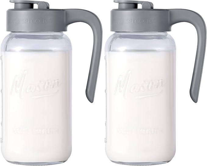 Mason Jar Pitcher - Airtight & Leakproof Glass Pitcher with Lid[set of 2], Perfect for Breastmilk, Cold Brew, and Sun Tea, 2 Quart (64 oz) Mason Jar with Pour Spout Lid by spreccio