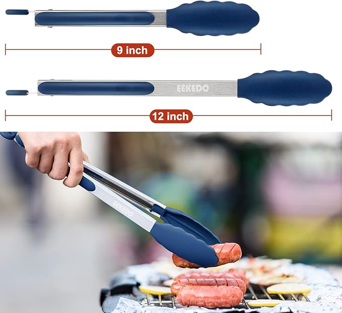 Tongs for Cooking, 600ºF High Heat-Resistant Stainless Steel Kitchen Tongs with Silicone Tips, Non Scratch, Locking Tong for BBQ Grilling Air Fryer Food Salads, Set of 2 (9" and 12") Navy Blue - Image 6