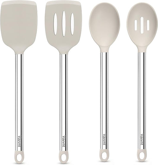 Vayvnt 4 Pieces Silicone Kitchen Spatula Utensils Set, Silicone Cooking Utensils for Non-Stick Cookware, Heat Resistant Silicone Utensils for Cooking, Kitchen Spatula Turner, Dishwasher Safe, Khaki