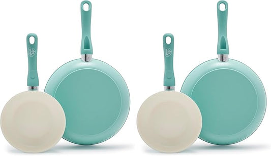 GreenLife Non Stick Fry Pan Set 7" & 10", Non-Toxic PFAS-Free Ceramic Skillet, Dishwasher & Oven Safe, Egg Omelet Frying Pan, Stay- Cool Handles, Kitchen Home Cooking Essentials, Turquoise (Pack of 2) by GreenLife