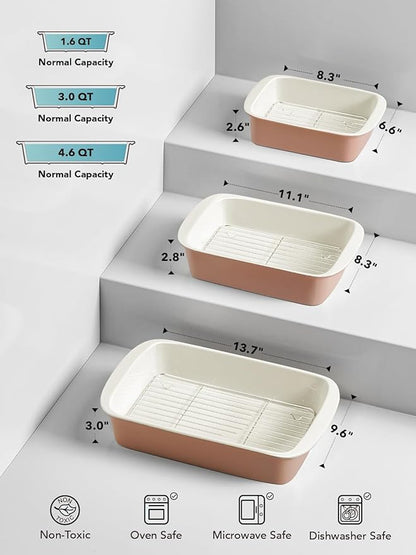 LE TAUCI Deep Casserole Dishes for Oven, 13.7”x9.6” Ceramic Baking Dish Set with Roasting Racks, Large Lasagna Pans with Handles, Rectangular Bakeware as Gift for Mom, Dusty Pink(4.6QT/3.0QT/1.6QT), Set of 3 - Image 3