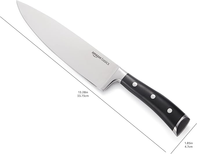 Amazon Basics Classic 8-inch Full Tang High Carbon Stainless Steel Chef's Knife, Multipurpose Kitchen Knife with Three Rivets, Silver - Image 5