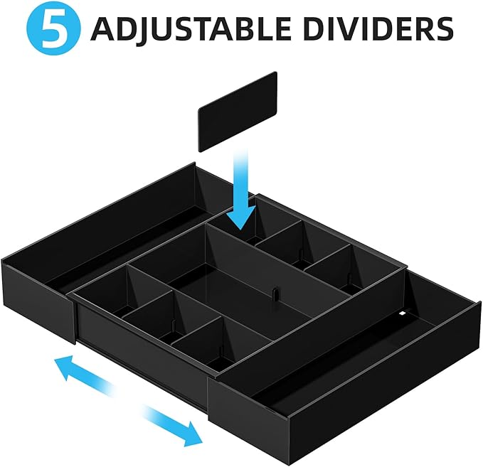 Marbrasse Expandable Desk Drawer Organizer, Clear Plastic Drawer Organizer Tray with 10 Adjustable Compartments, Desk Organizers and Accessories, 5 Drawer Dividers for Office Supplies, Makeup(Black) - Image 3