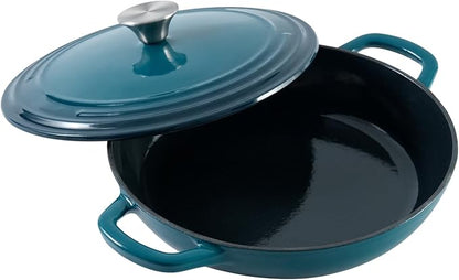 Flavehc Braiser Enameled Cast Iron Braiser 2.25 qt Braiser Pan with Lid DarkCyan Shallow Cast Iron Casserole Braiser Pan with Handels