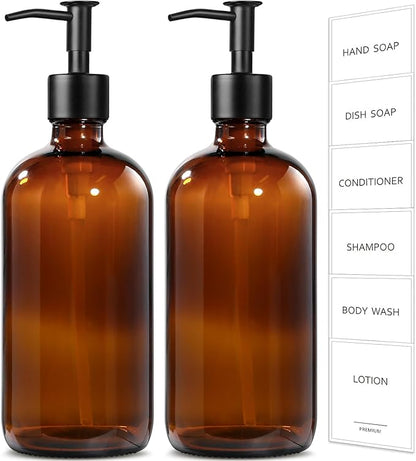 GMISUN Amber Glass Soap Dispenser, 2 Pack Bathroom Hand Soap Dispensers with Stainless Steel Pump, 17 Fl Oz Kitchen Hand and Dish Soap Dispenser Set, Modern Vintage Liquid Brown Soap Dispensers Bottle - Image 9