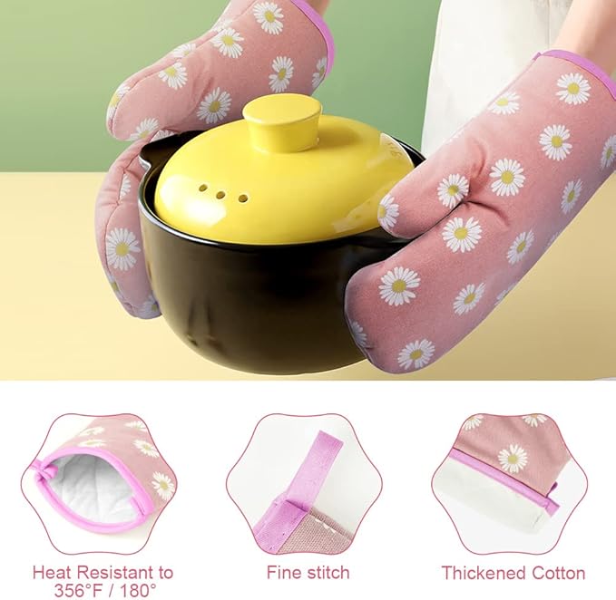 AUAUY Oven Mitts and Potholders, BBQ Gloves Heat Resistant, 1 Pair Oven Mitts and 2 Pot Holders, Cotton Non-Slip Cooking Gloves for Cooking Baking Kitchen Microwave Pizza(Daisy-Pink) - Image 2