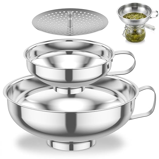 3 Piece Stainless Steel Canning Funnel Set with Strainer, Wide Mouth Mason Jar Funnels for Kitchen, Metal Funnel for Filling Bottles, Canning Supplies for Preserving, Dishwasher Safe