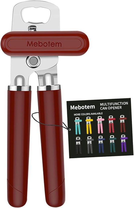 Mebotem 10 Colors Can Opener Manual Handheld Heavy Duty Hand Can Opener Smooth Edge Stainless Steel Can Openers Top Lid Kitchen Gadgets, Best Large Rated Easy Turn Knob, with Bottle Opener, Burgundy