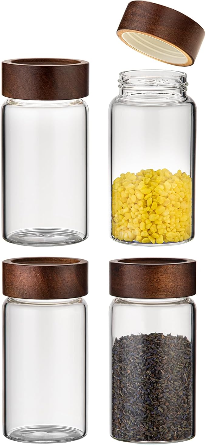 8 oz Small Glass Spice Jars with Airtight Wood Acacia Lid 4 PCS,Clear Coffee Ground Storage Canister Round Glass Spice Jar for Pantry Sugar Tea Bean Nuts Cookies Salts Seasoning - Image 5