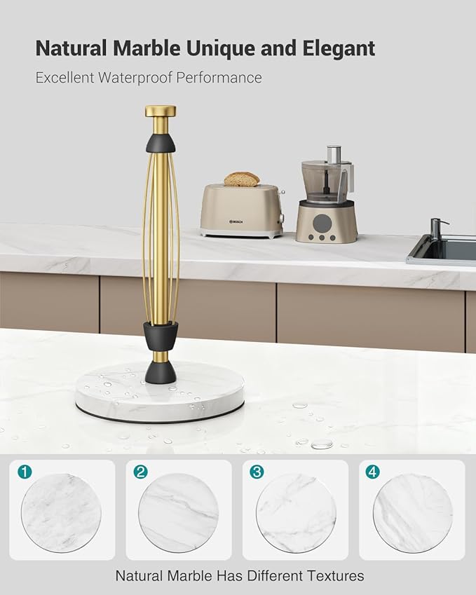 Paper Towel Holder Countertop, Marble Weighted Base, Warm Gold, One-Handed Tear, Freestanding Paper Towel Stand Rack with Ratchet Mechanism for Kitchen Bathroom Essential Decor Accessories - Image 5