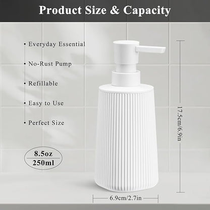 White 2 Pack Hand Soap Dispensers Set with No Rust Pump for Bathroom and Kitchen Countertops Refillable Matte Striped Plastic 8.5 oz