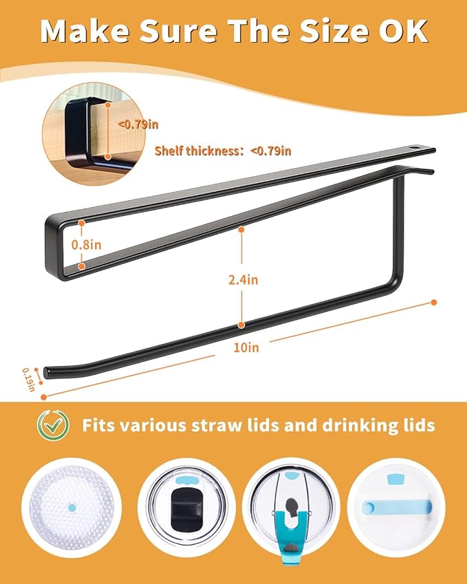 Tumbler Lid Organizer, Bar Hook Fits Various Lids, Horizontal Tumbler Lid Storage Hook, No Glue No Drill Straw Lid Holder/Hanger/Cup Holder, Kitchen Organizers under Cabinet, up to 12 Yeti Lids - Image 7