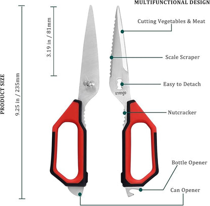 LIVINGO Kitchen Scissors Set All Purpose - Heavy Duty Stainless Steel Come Apart Food Shears for Cutting Meat, Vegetables, Dishwasher safe, 2 Pack, Red Black Multi-Function Handles - Image 2