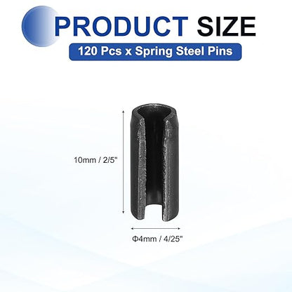 MECCANIXITY 120Pcs Slotted Split Roll Pins 4/25 Inch(4mm) Dia. 2/5 Inch(10mm) Length 65Mn Steel Spring Tension Expansion Dowels for Secure Fastening, Black