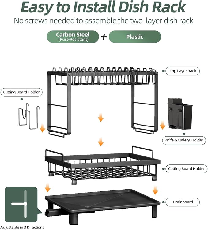 Dish Drying Rack, 2 Tier Space-Saving Dish Rack, Multifunctional Dish Drainer for Kitchen Counter with Drainboard/Utensil/Cup Holder Rustproof Carbon Steel, Black - Image 6