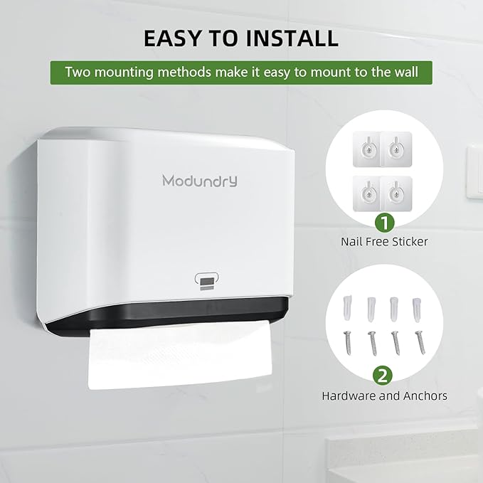 Wall Mount Paper Towel Dispenser, Multifold Hand Towel Dispenser with Smart Lock, Adhesive No-Drill or Screw Install, Holds 200 Towels for Bathroom, Restroom, Office, Kitchen & Home, White