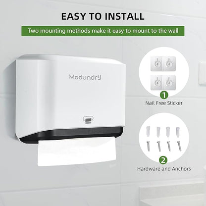 Wall Mount Paper Towel Dispenser, Multifold Hand Towel Dispenser with Smart Lock, Adhesive No-Drill or Screw Install, Holds 200 Towels for Bathroom, Restroom, Office, Kitchen & Home, White
