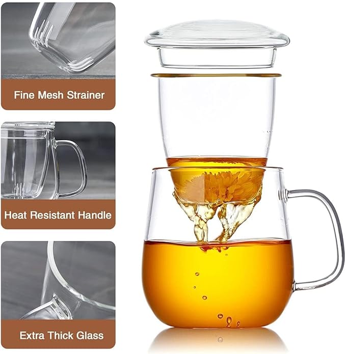 DOPUDO Glass Teacups 4 Pack Glass Tea Cup with Infuser and Lid, 17.6oz/520ml Large Borosilicate Teacup,Tea Clear Mug Cup for Loose Leaf Blooming Tea, Microwave & Dishwasher Safe. - Image 4