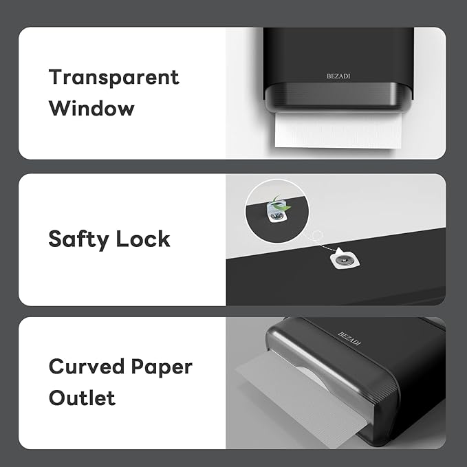 Paper Towel Dispenser,Large Capacity Wall Mount Tissue Dispensers with Smart Lock, Used for Kitchen and Bathroom 200+ Sheets Toilet Paper Holders Black