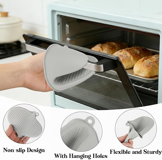 4 PCS Silicone Oven Mitts Heat Resistant Mini Oven Gloves for Kitchen Rubber Air Fryer Mitts Oven Accessories Finger Cooking Pinch Mitts Pot Holders for Kitchen Cooking Baking Dishwasher, Black & Gray - Image 4