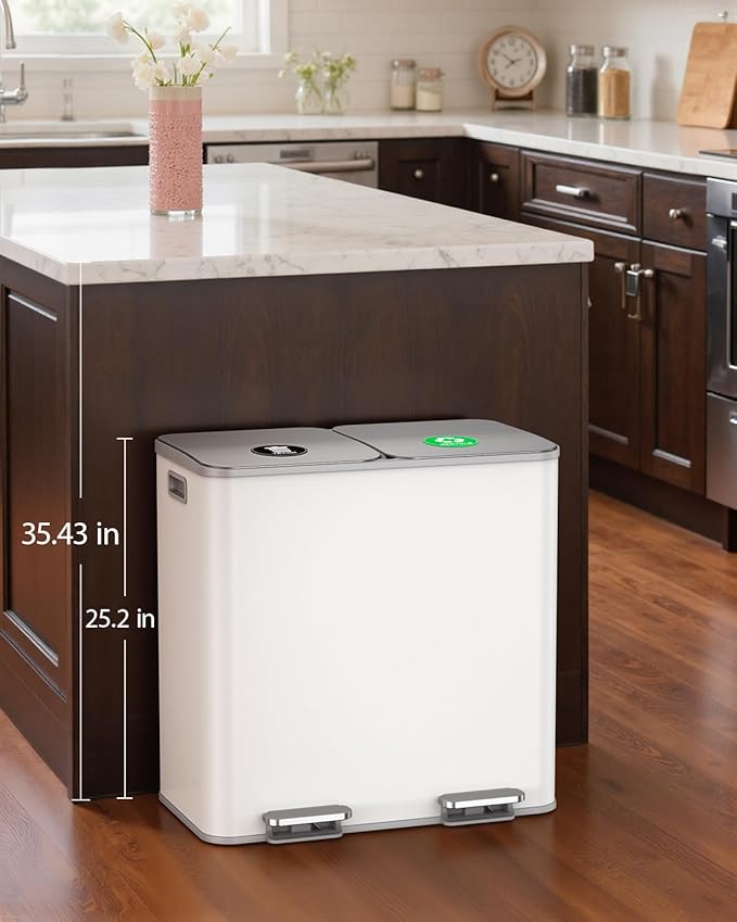 Lovewind Dual Trash and Recycling Bins for Kitchen, 2 * 11-Gallon Stainless Steel Double Trash Can, Step-On Garbage and Recycle Combo, Quiet Close, Pet-Proof, Compatible with 13-Gallon Bags, White - Image 2