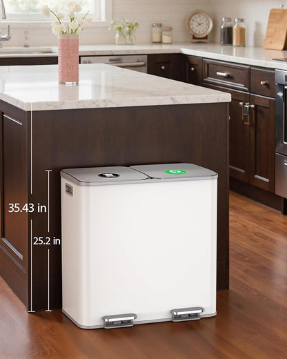 Lovewind Dual Trash and Recycling Bins for Kitchen, 2 * 11-Gallon Stainless Steel Double Trash Can, Step-On Garbage and Recycle Combo, Quiet Close, Pet-Proof, Compatible with 13-Gallon Bags, White - Image 2