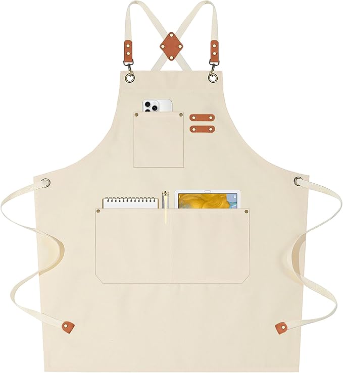 AFUN Chef Aprons for Women Men with Oversized Pockets, 12-Ounce Cotton Canvas Cross Back Water Repellent Apron (Cream) by BringYouaFun